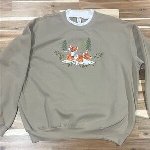 Morning Sun Cozy  Tan Crewneck Sweater with Fox Design